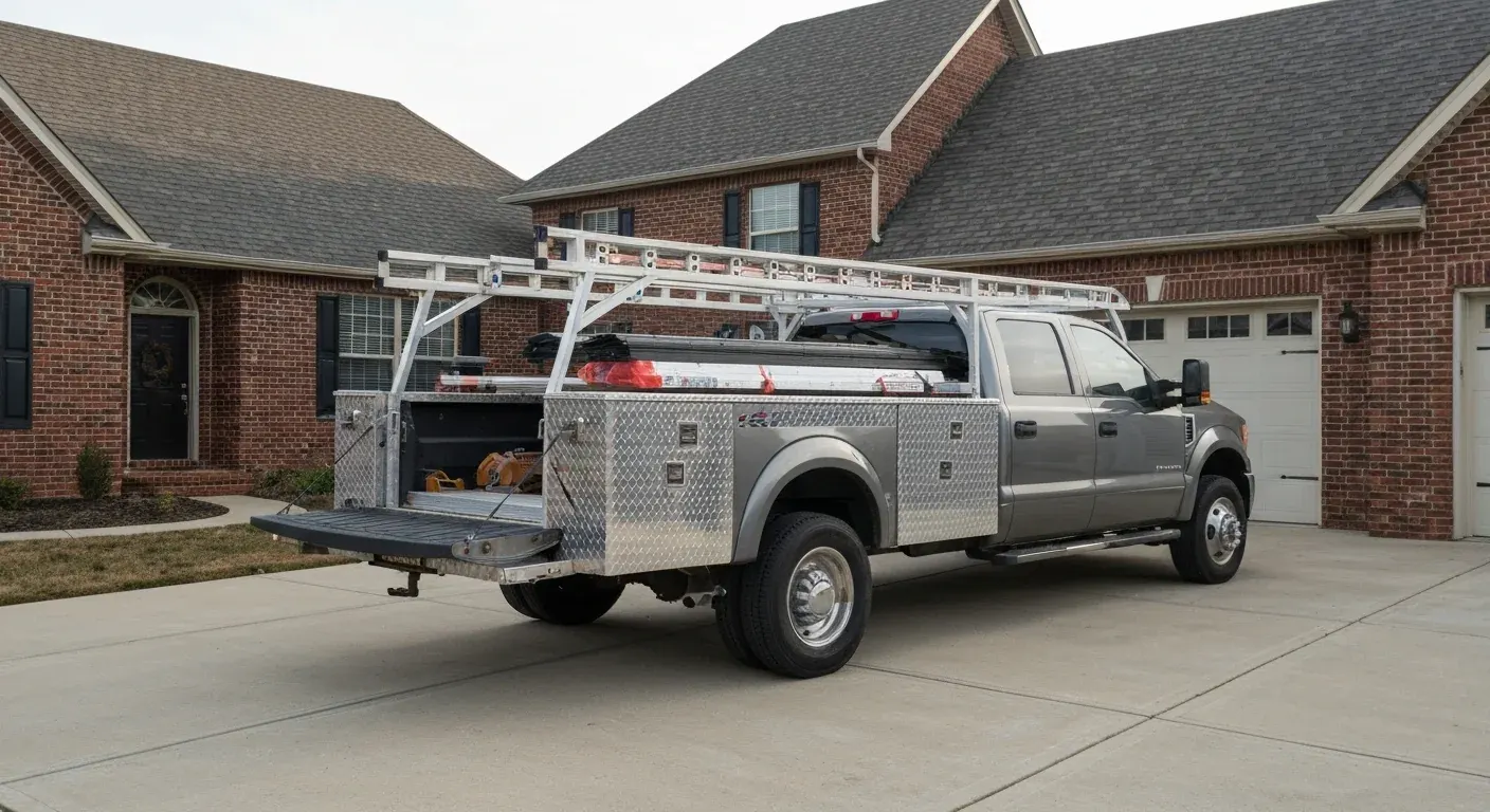 A Velkan Restoration truck parked in a central Kentucky driveway