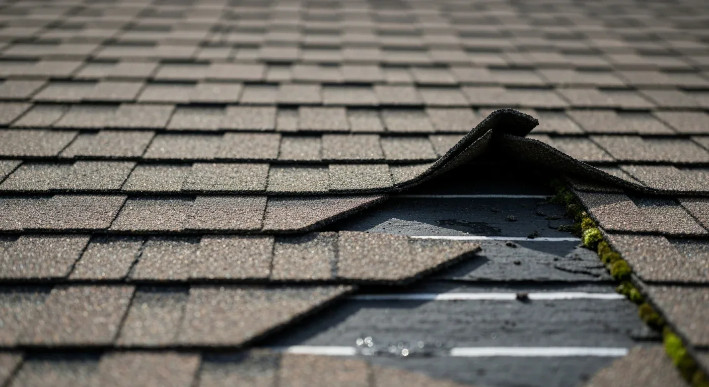 Close view of a damaged asphalt shingle roof: a tab lifted by wind, a missing tab exposing underlayment, and moss growing down the valley