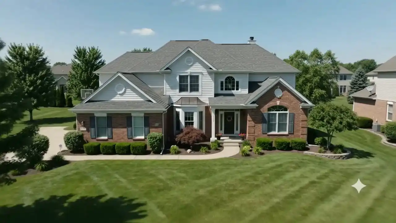 Newly installed architectural shingles running to the eave of a central Kentucky home